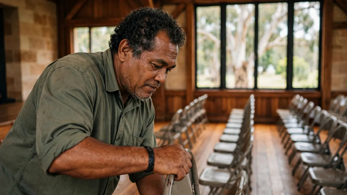 A man in a work shirt sets out rows of folding chairs in a timber community hall