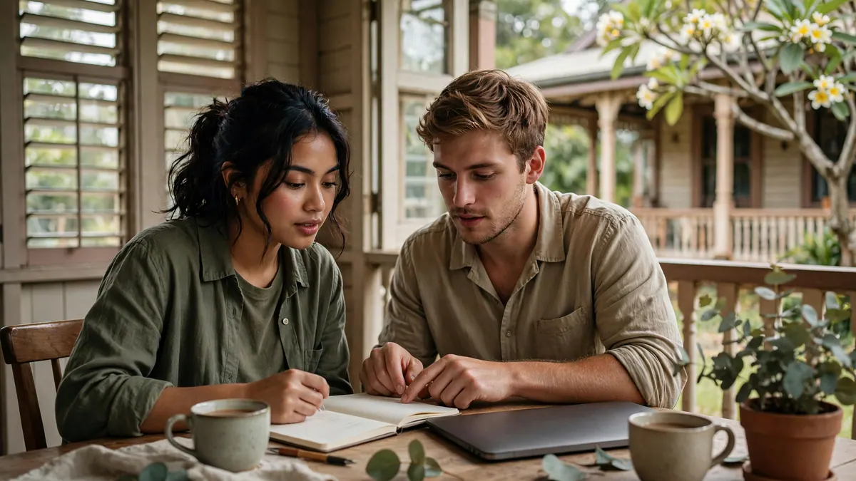 A young couple plan their budget in a notebook at a table on the verandah of a timber Queenslander