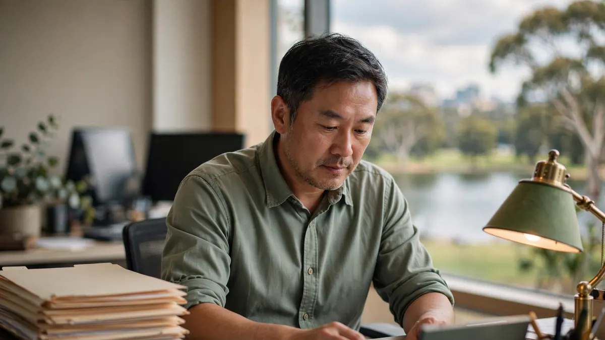 A payroll officer works through month-end pay at his desk beside a stack of folders and a lake view