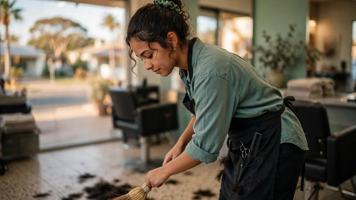 A hairdresser in a black apron sweeps up hair clippings in a sunlit salon at the end of her shift