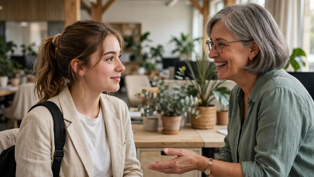 A smiling older colleague welcomes a young woman with a backpack on her first day in a plant-filled office