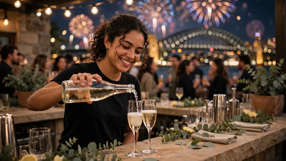A smiling bartender pours sparkling wine at a rooftop bar as fireworks light up the harbour behind