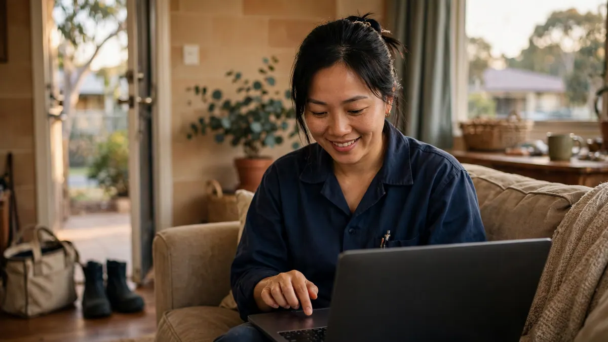 A tradeswoman in a navy work shirt smiles at a laptop on her couch, work boots and tool bag by the door