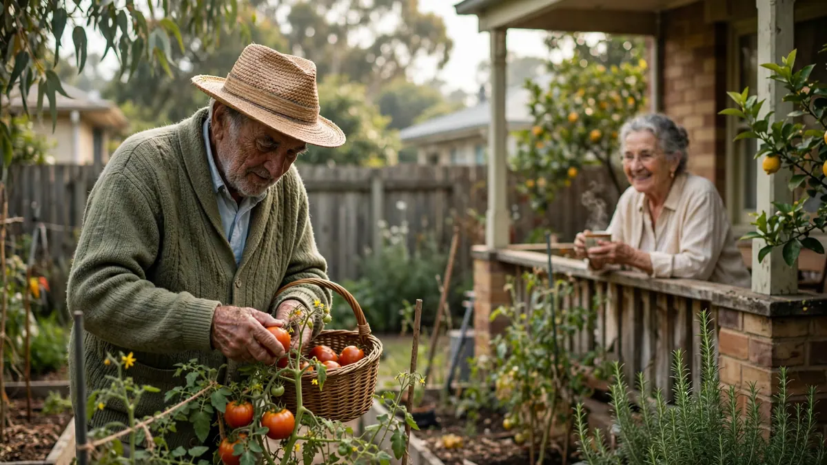 An older man in a straw hat picks tomatoes into a basket while his wife smiles from the verandah