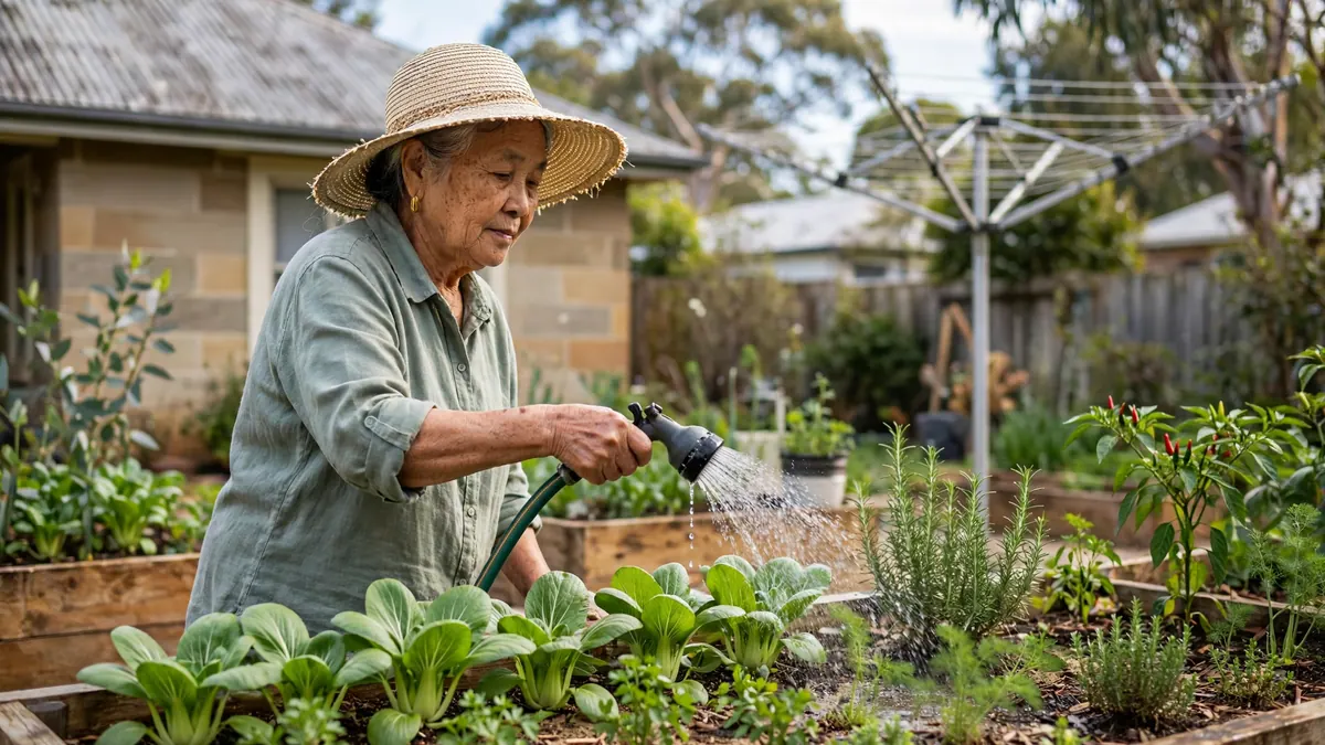 An older woman in a straw hat waters bok choy, herbs and chillies in her backyard vegetable garden