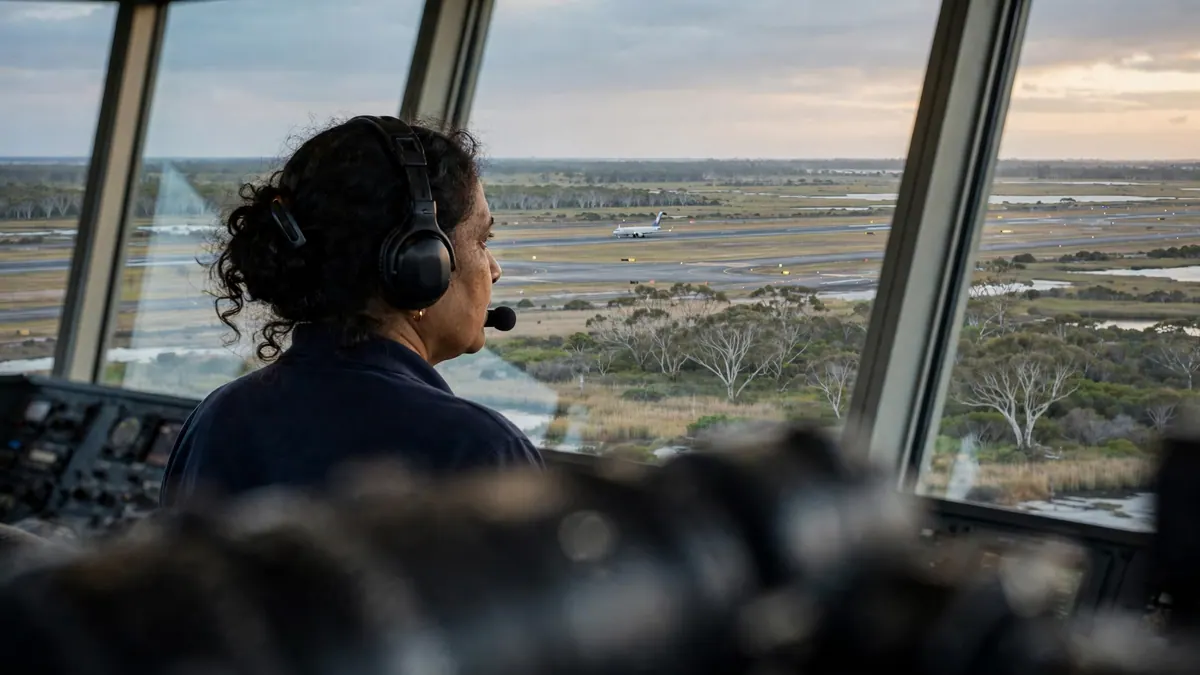 An air traffic controller in a headset watches a jet on the runway from a control tower at dusk