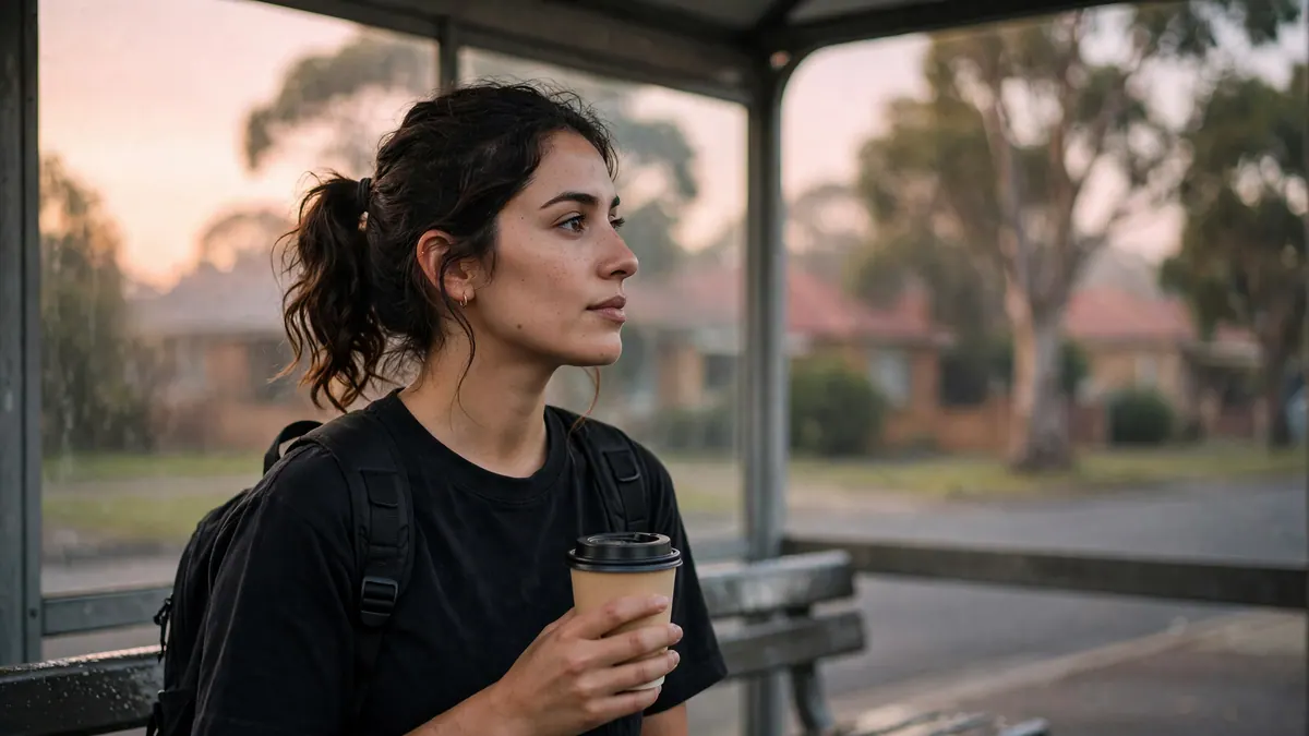 A worker with a backpack and takeaway coffee waits at a suburban bus shelter at dawn