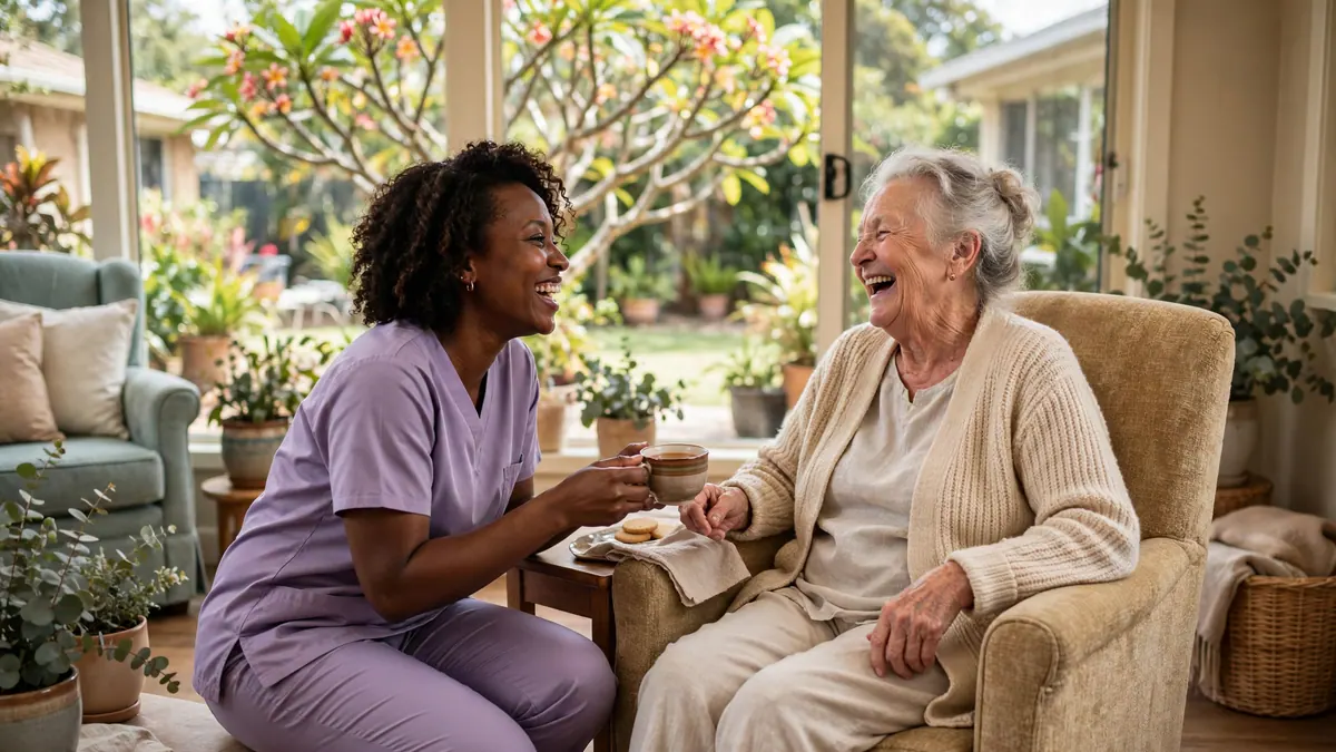 An aged care worker in lavender scrubs shares a laugh and a cup of tea with an elderly woman
