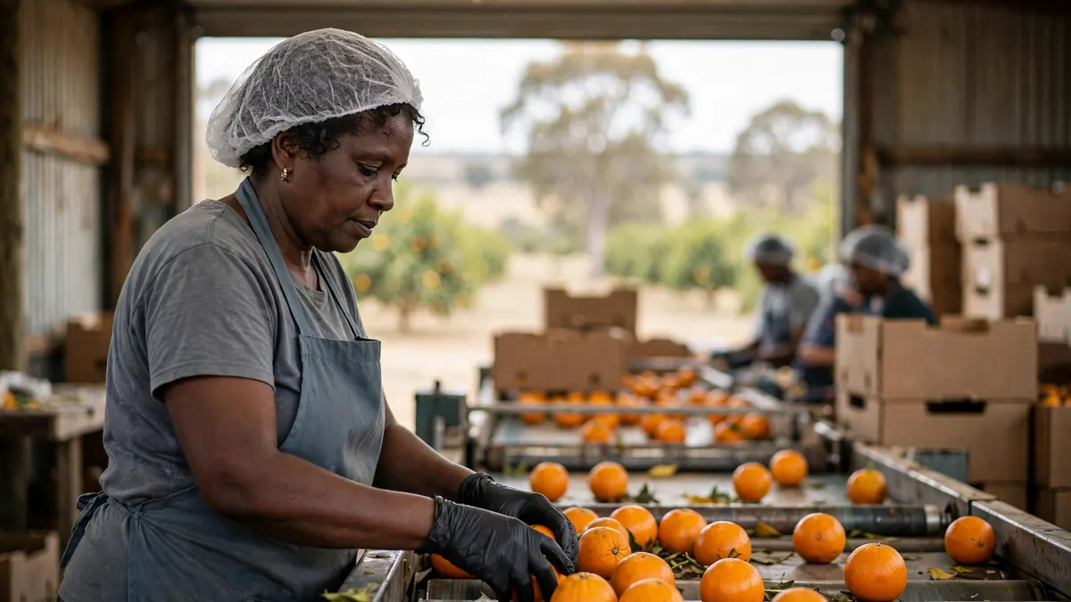 A packing shed worker in a hairnet and gloves sorts oranges on a conveyor, citrus orchards outside