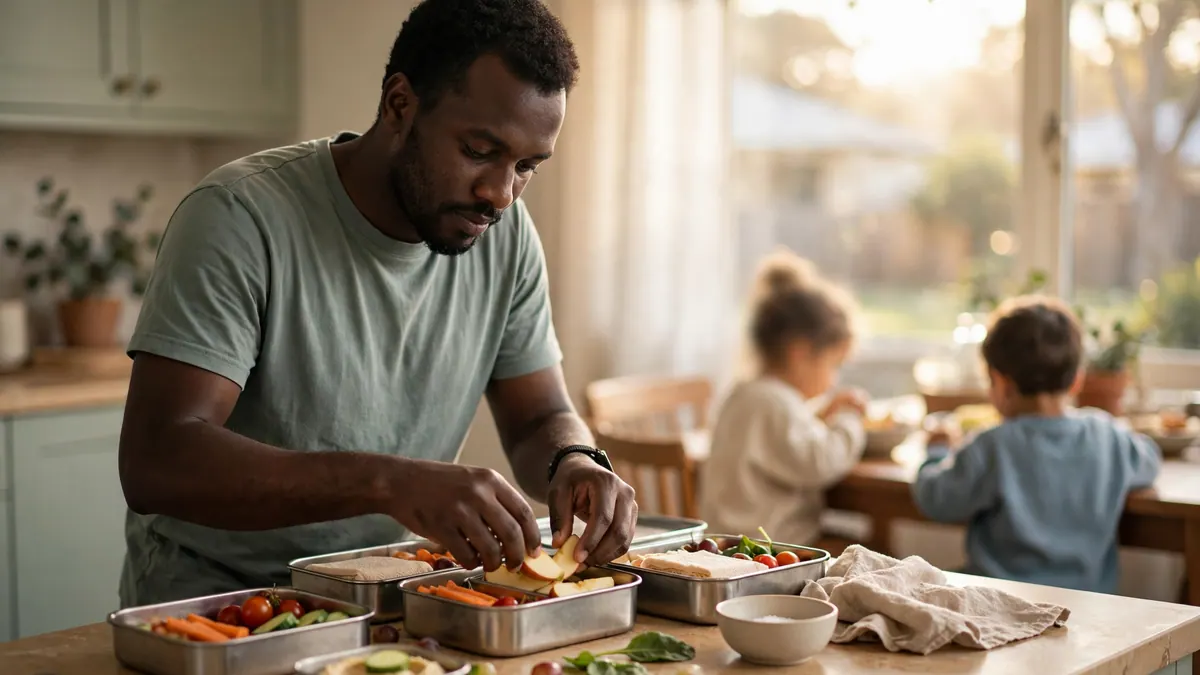 A father packs school lunch boxes at the kitchen bench while two young children eat breakfast behind him