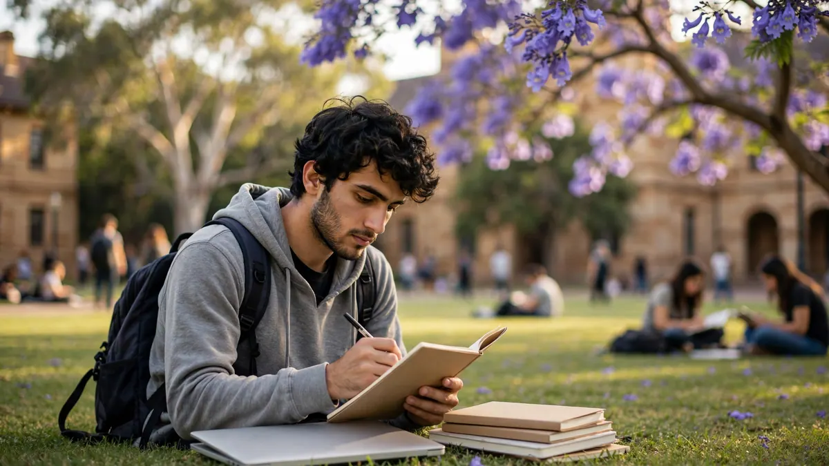 A university student in a grey hoodie writes in a notebook on the lawn under a jacaranda tree