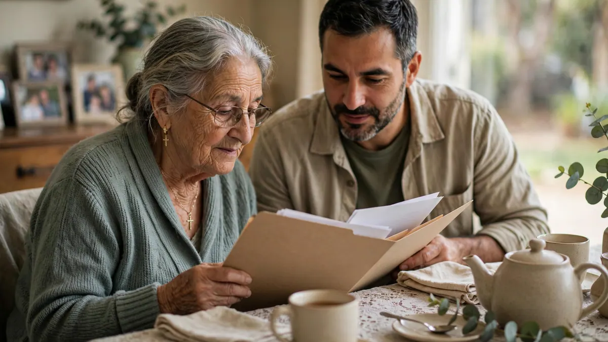 An older woman and her adult son look through a folder of papers at a table set for tea
