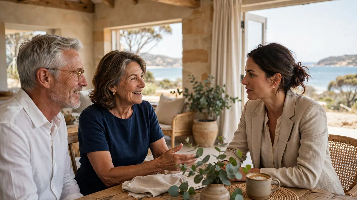 An older couple talk with a financial planner at a timber table in a sandstone home overlooking the sea