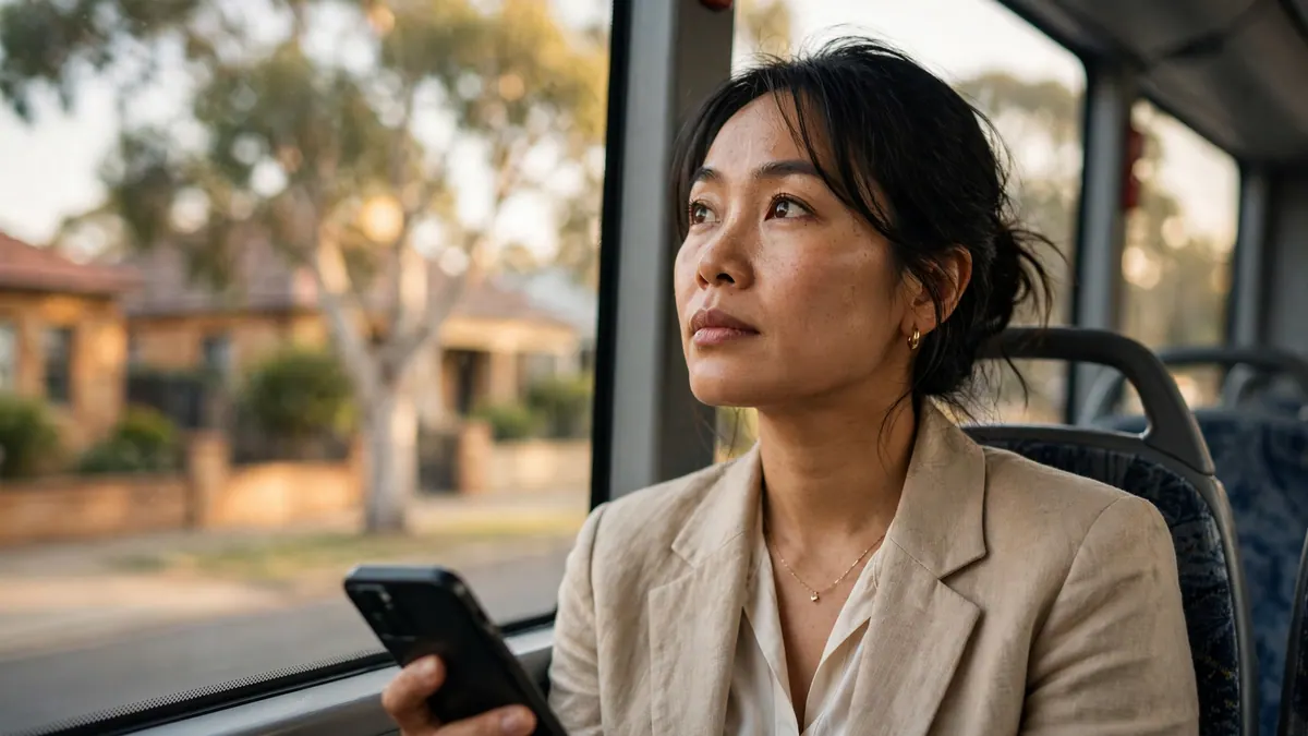 A woman in a linen blazer holds her phone and gazes out of a bus window on her morning commute