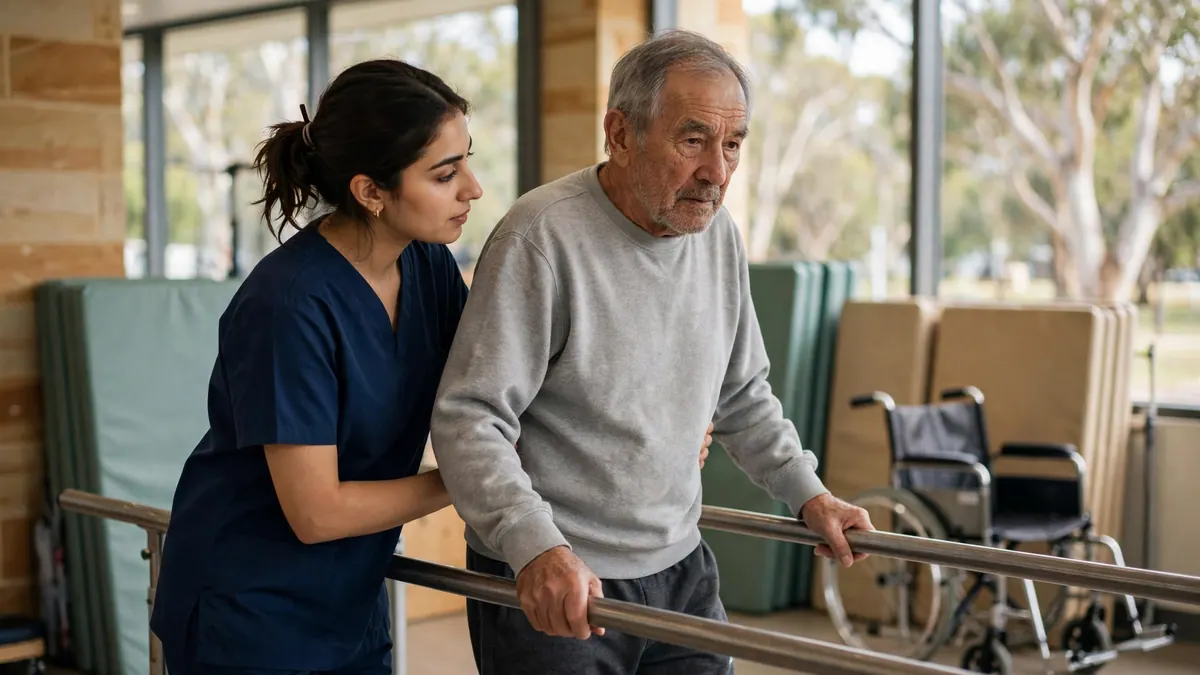 A young therapist in navy scrubs steadies an older man walking between parallel bars in a rehab gym