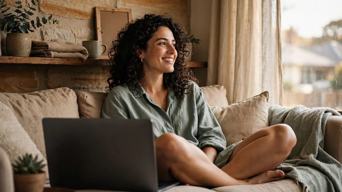 A young woman with curly hair sits cross-legged on a sofa beside a laptop, smiling with relief