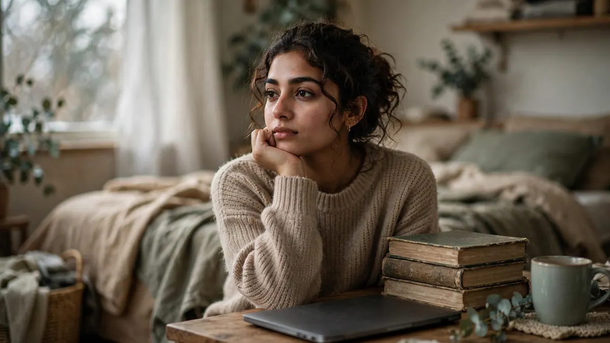 A young woman in a knit jumper rests her chin on her hand beside a stack of old textbooks