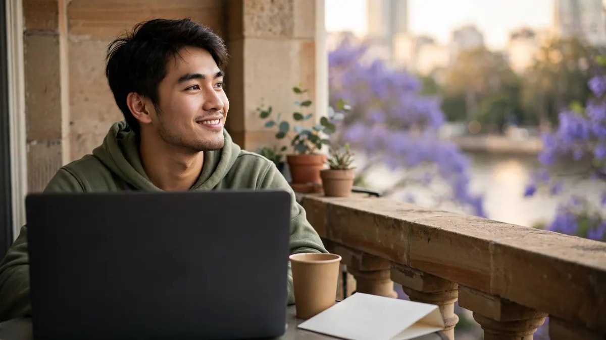A young man in a hoodie smiles beside his laptop on a balcony above a river lined with jacarandas