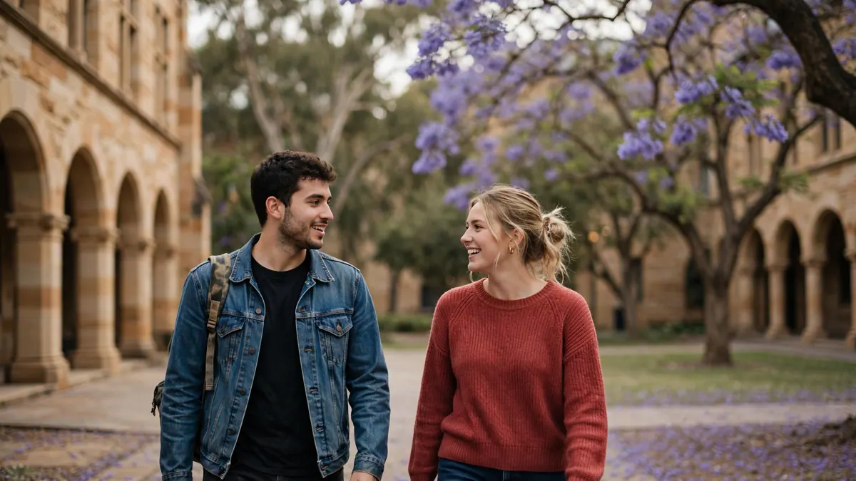 Two young graduates laugh as they walk through a sandstone university courtyard under jacaranda trees