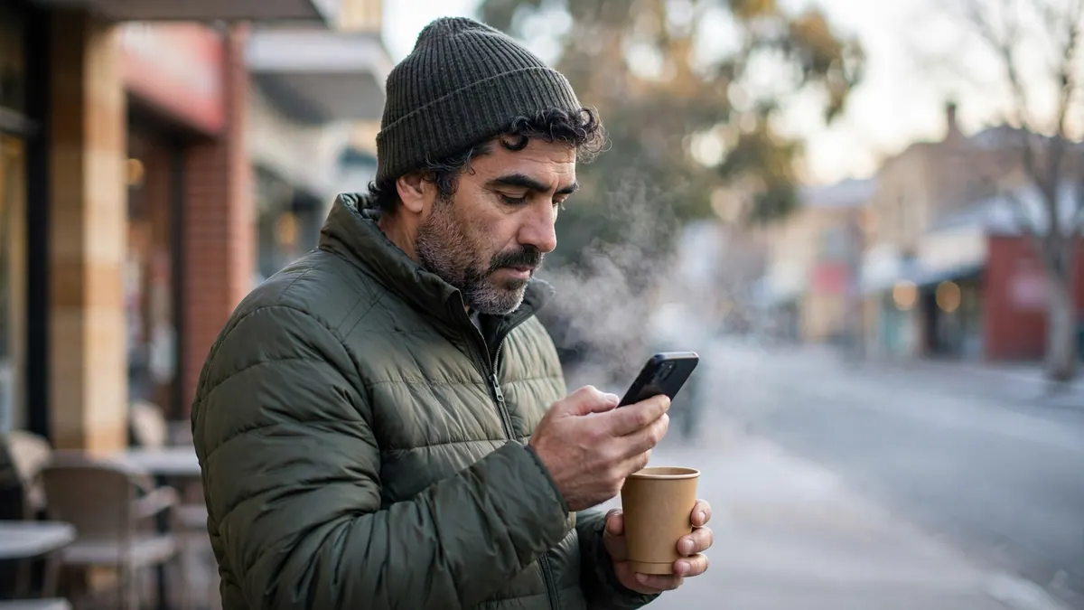 A man in a beanie and puffer jacket reads his phone with a takeaway coffee on a frosty winter street