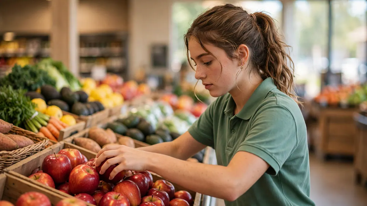A young supermarket worker in a green polo stacks red apples in the fruit and vegetable section