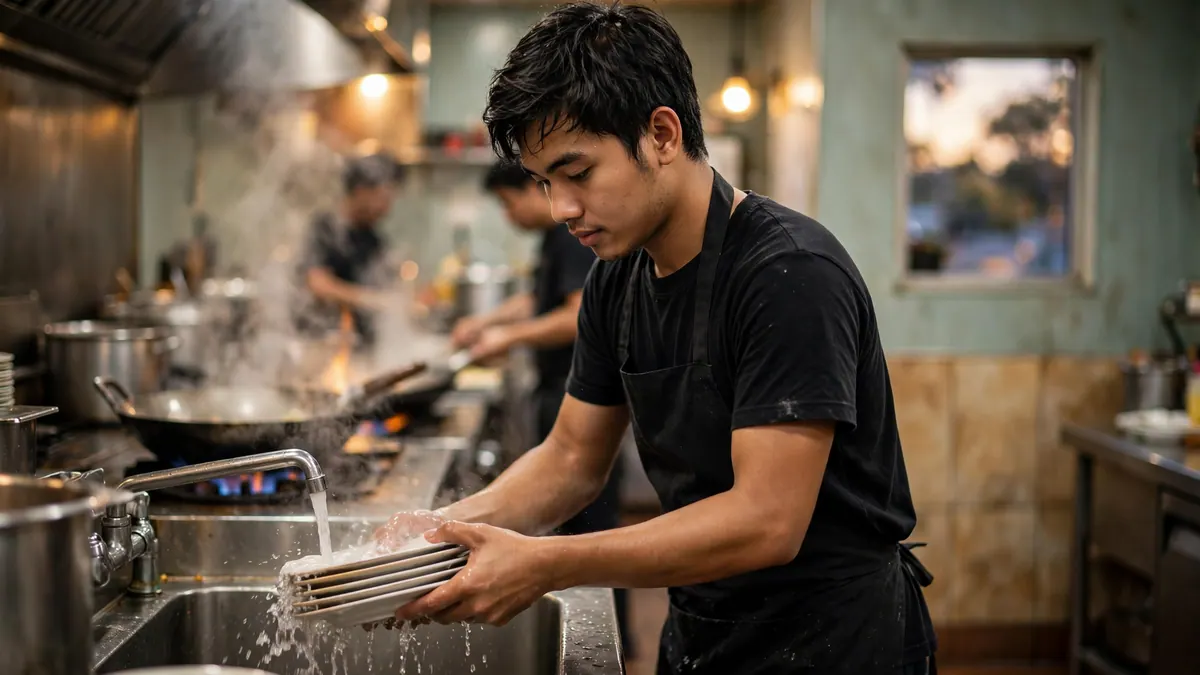 A young kitchen hand in a black apron rinses a stack of plates as cooks work the woks behind him