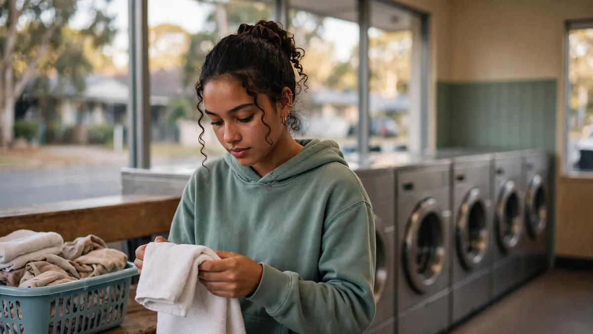 A young woman in a green hoodie folds white towels beside a row of washing machines in a laundromat