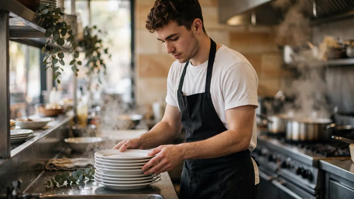 A young kitchen hand in a black apron stacks clean white plates on a steel bench in a restaurant kitchen