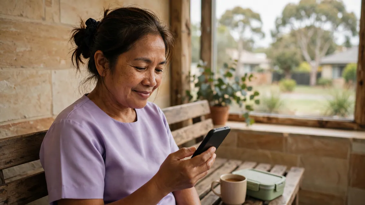 A care worker in a lilac uniform smiles at her phone on a break-room bench beside a mug and lunch box