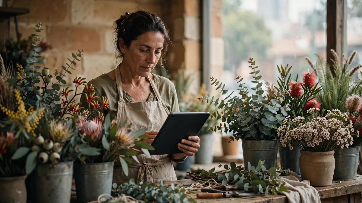 A florist checks a tablet at her workbench among buckets of native flowers and eucalyptus