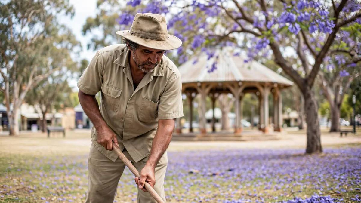 A groundskeeper in a khaki hat and work shirt rakes fallen jacaranda flowers in a country-town park