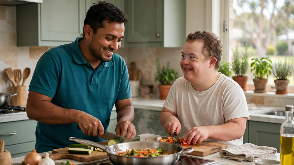 A support worker in a teal polo and a young man with Down syndrome chop vegetables together, laughing