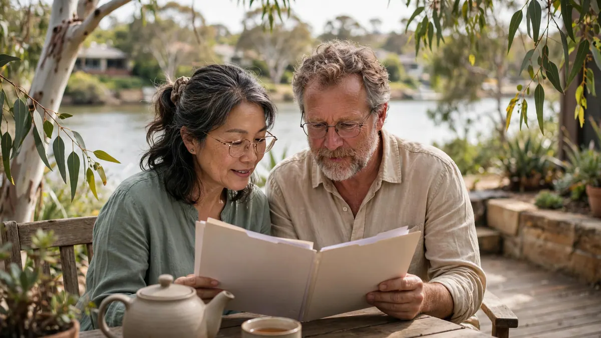 A couple in their fifties read through a folder over a pot of tea on a deck by a river