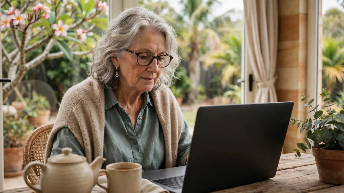 A silver-haired woman in glasses works on a laptop in a sunroom with a teapot beside her