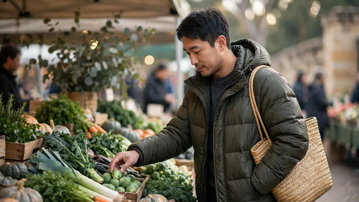 A man in a puffer jacket picks Brussels sprouts at a winter farmers market stall