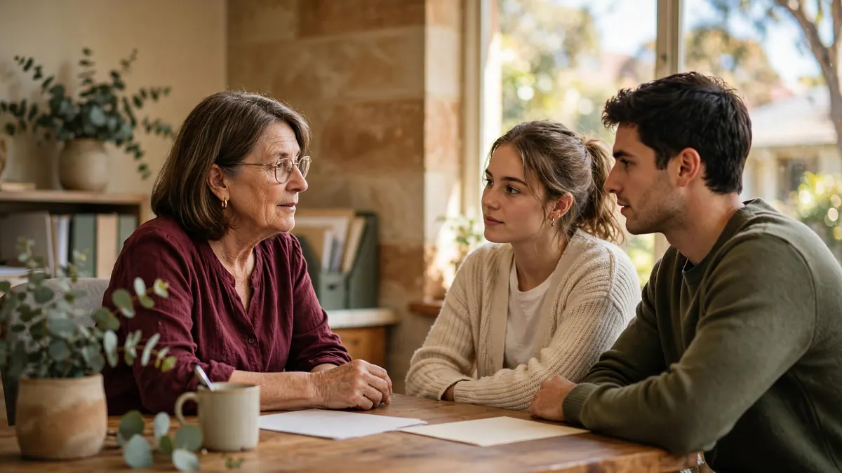 A tax agent in a burgundy blouse talks with a young couple across a timber desk with blank papers
