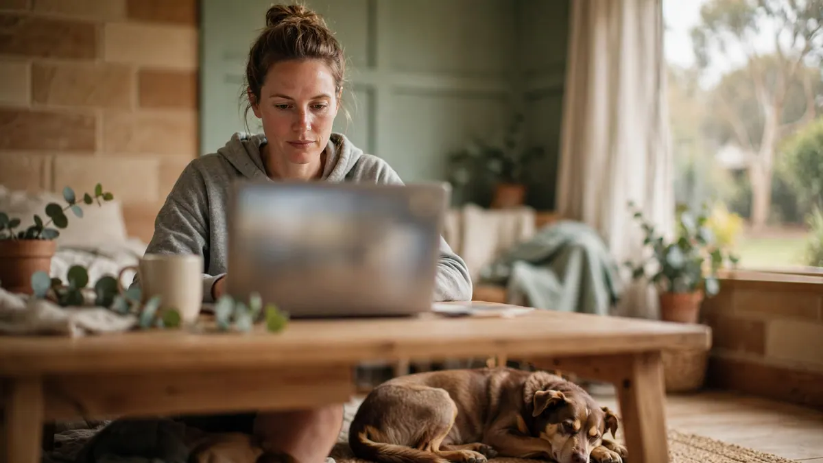 A woman in a grey hoodie works on a laptop at home while her dog sleeps on the rug beneath the table