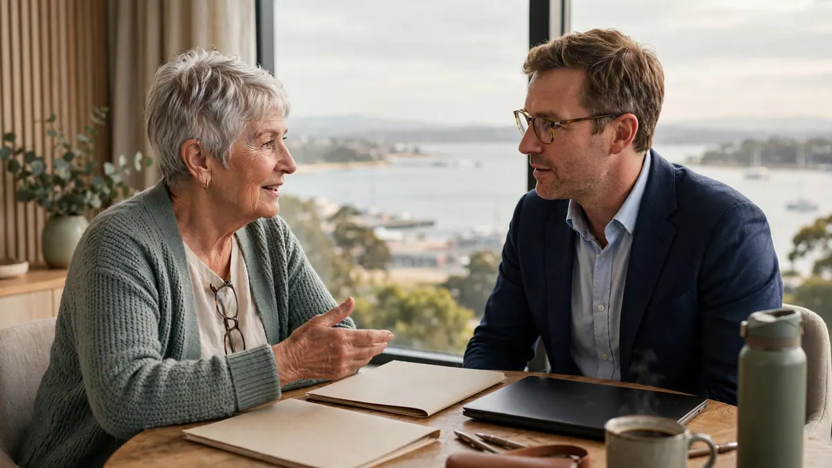 A retired woman talks through plans with a planner at a table by a window overlooking a bay