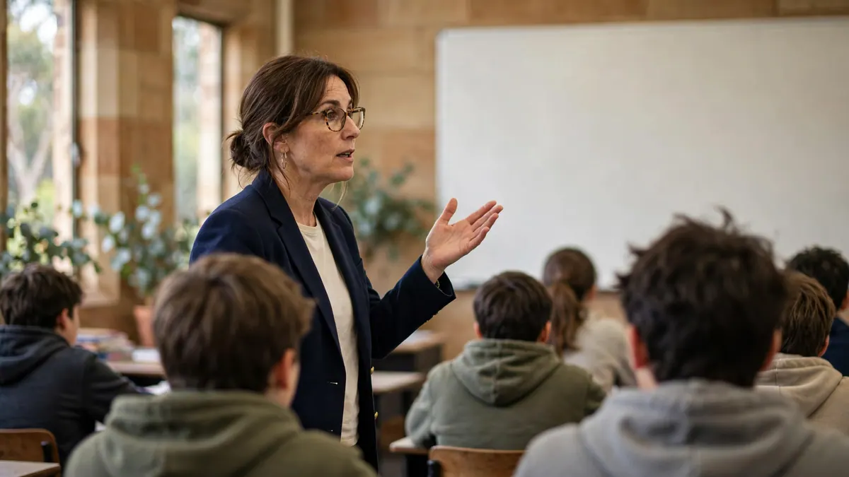 A teacher in a navy blazer explains a lesson to a class of students seen from behind