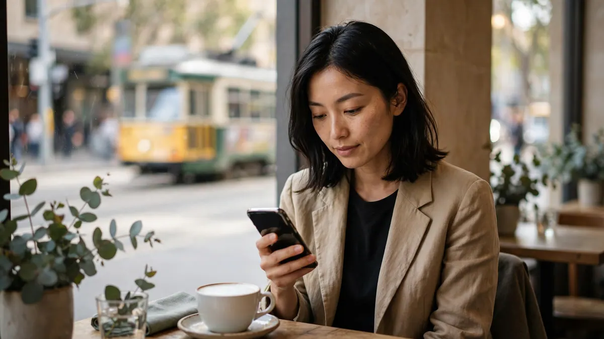 A woman in a linen blazer reads her phone over a coffee at a café window, a tram passing outside
