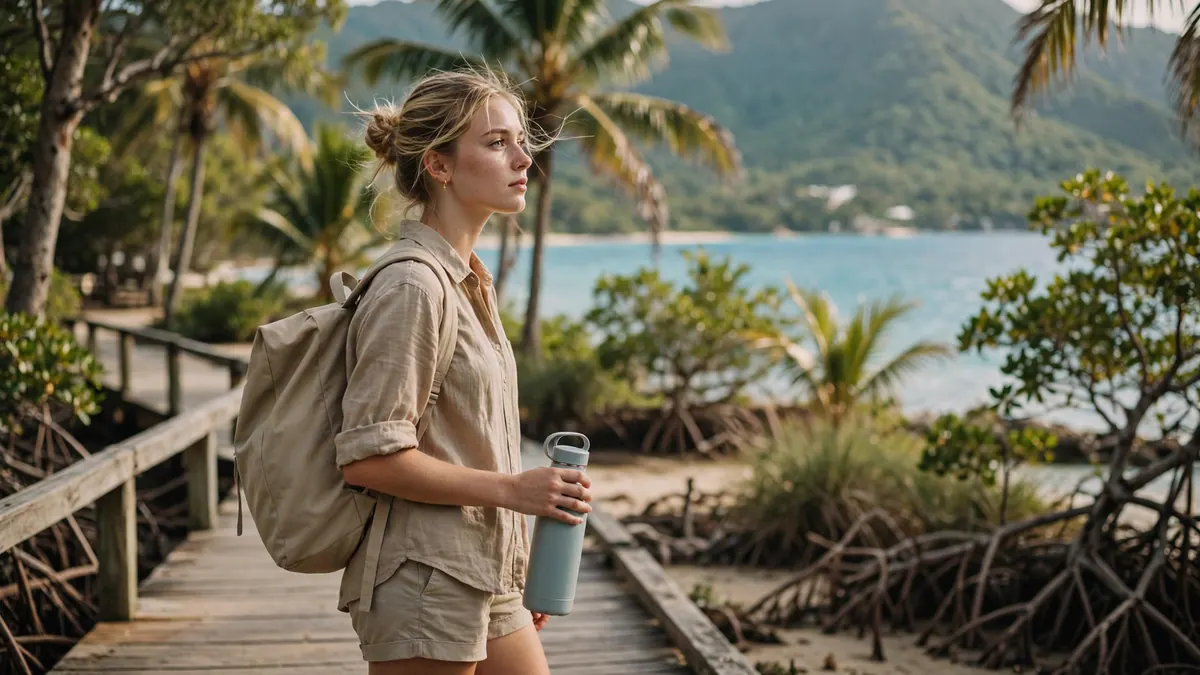 A young traveller with a backpack and water bottle stands on a mangrove boardwalk by a tropical bay