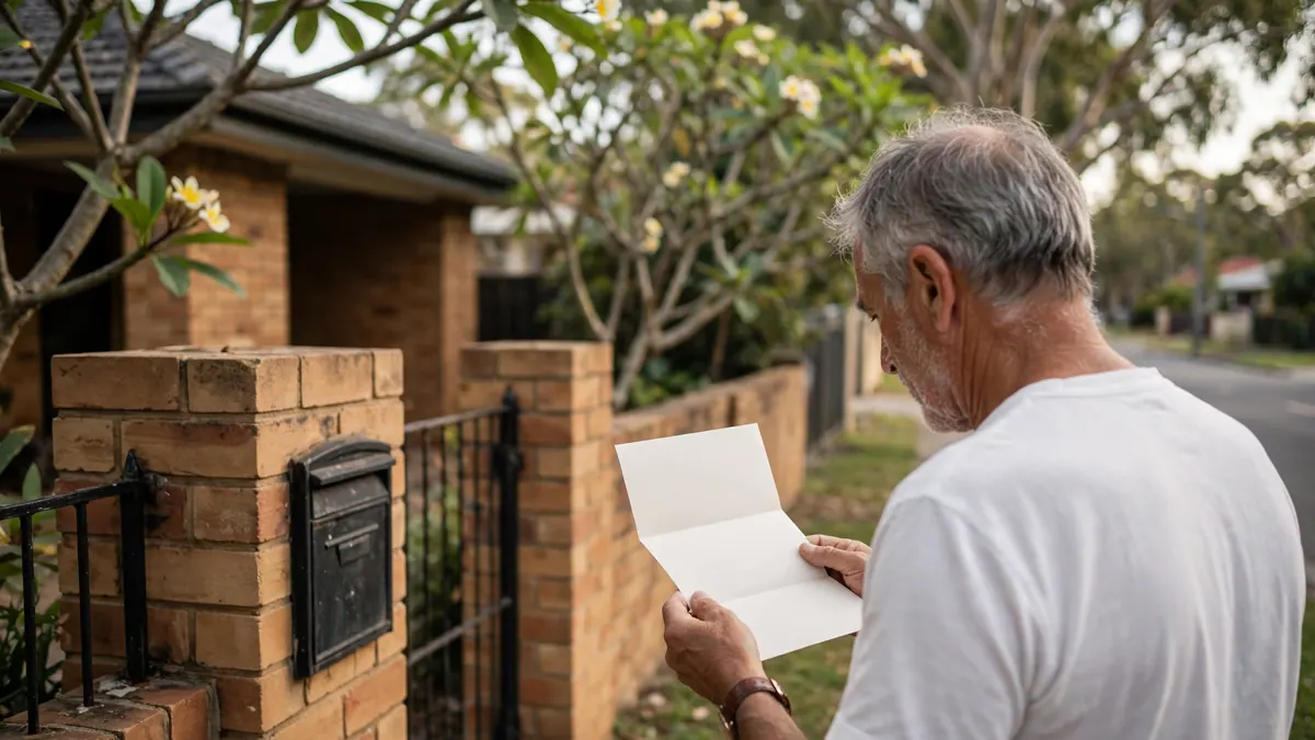 A grey-haired man reads a letter by the letterbox at the front gate of his brick home