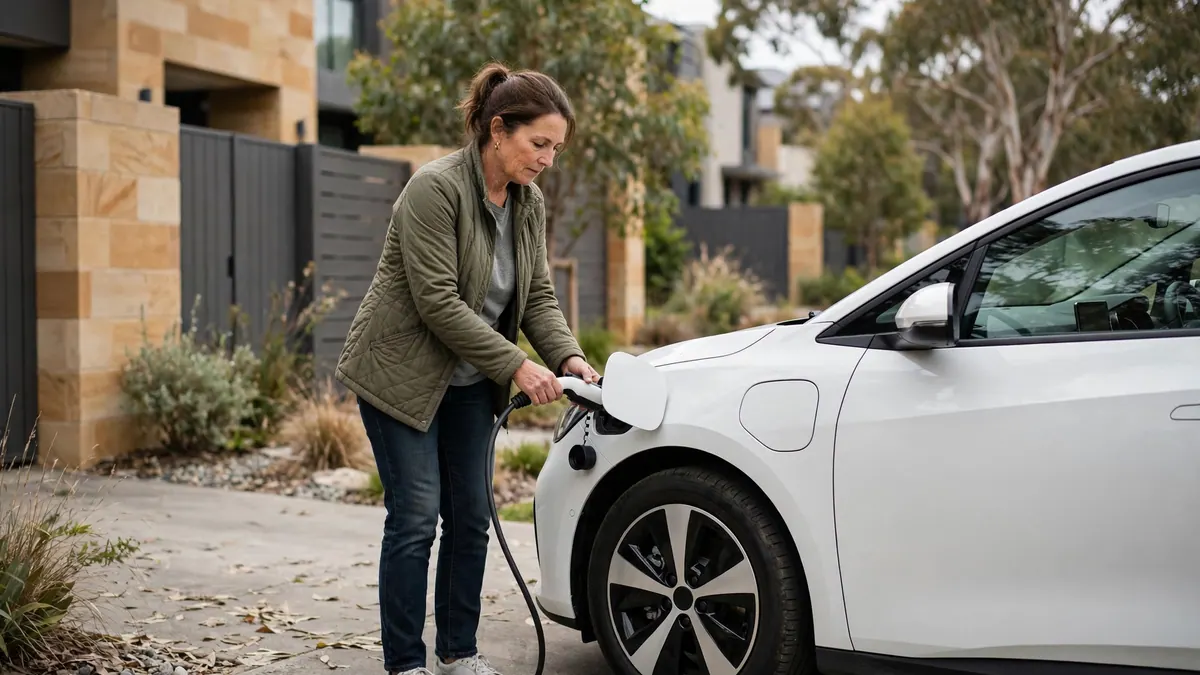 A woman plugs a charging cable into a white electric car parked in the driveway of a sandstone townhouse