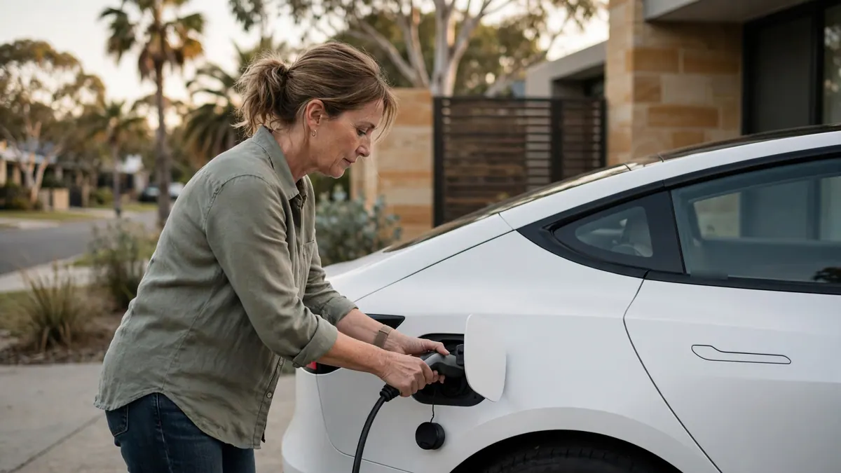 A woman plugs a charging cable into a white electric car parked in a suburban driveway