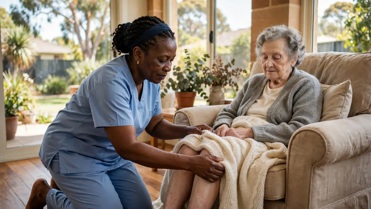 A nurse in blue scrubs kneels to tuck a knitted blanket over an elderly woman's knees in an armchair