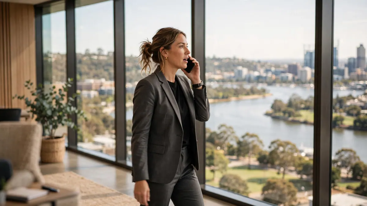 A saleswoman in a charcoal suit takes a phone call by tall office windows overlooking a river
