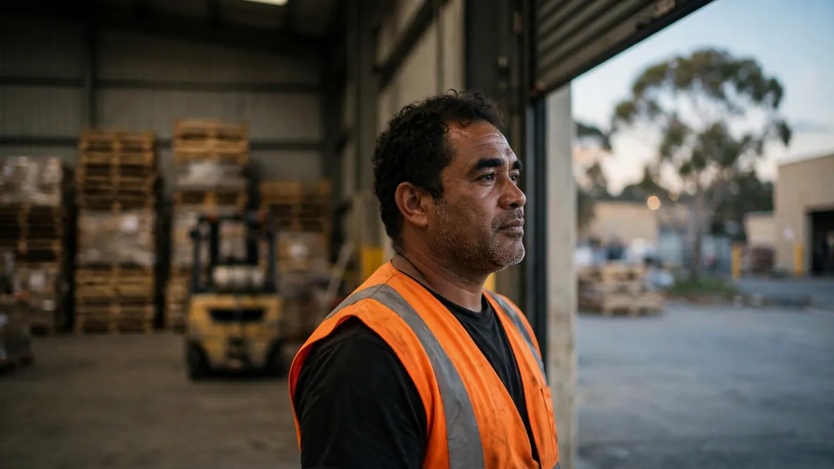 A warehouse worker in an orange hi-vis vest stands at a loading dock door at dusk, pallets and a forklift behind
