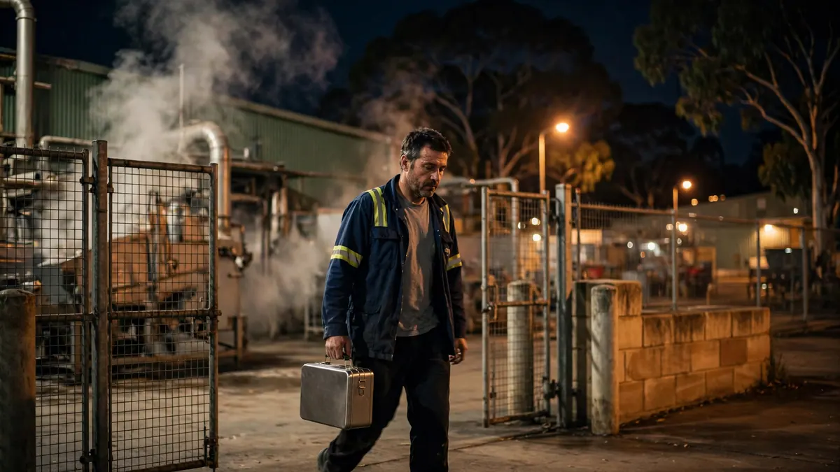 A factory worker carrying a metal lunchbox walks out through the plant gate late at night