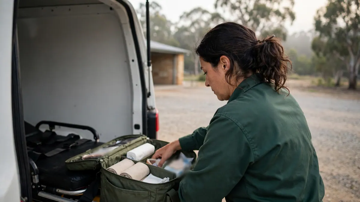 A paramedic in a green uniform restocks a kit bag at the open back of a white van on a misty morning