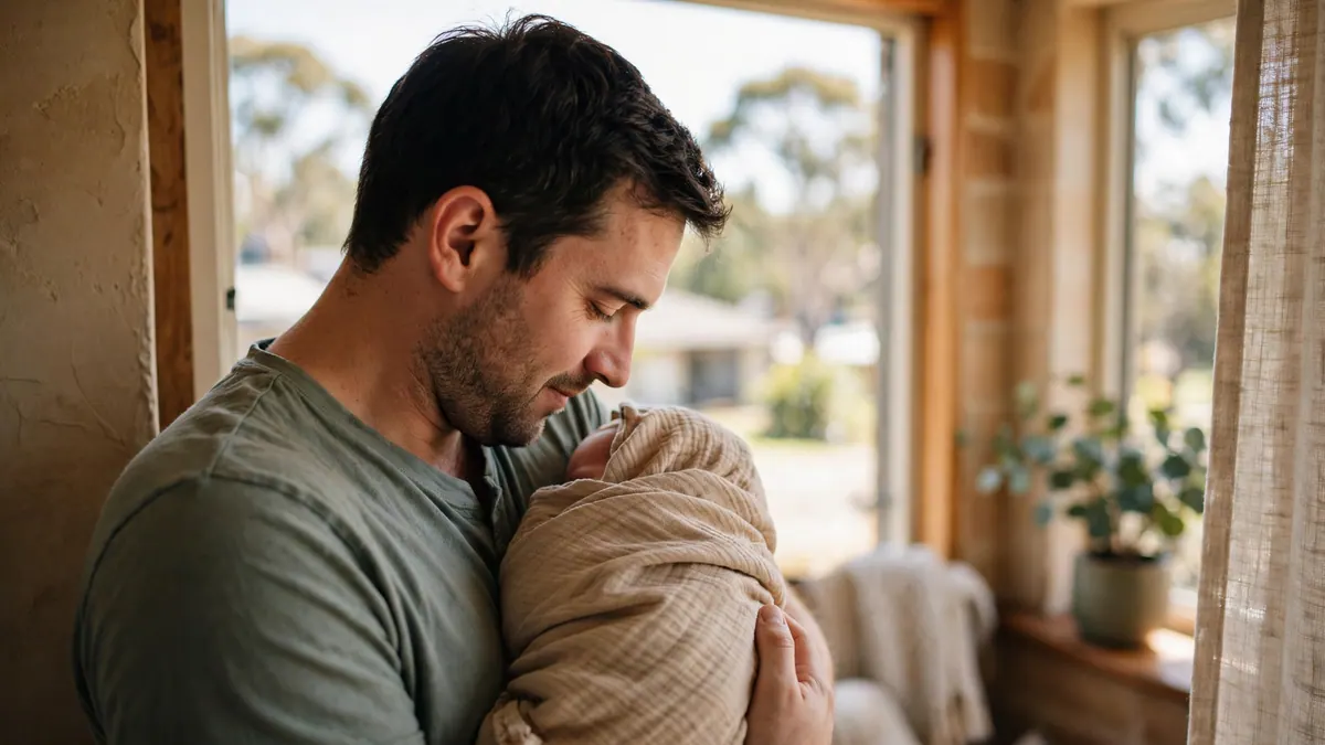 A father holds his sleeping newborn, wrapped in a muslin blanket, close to his chest by a sunny window